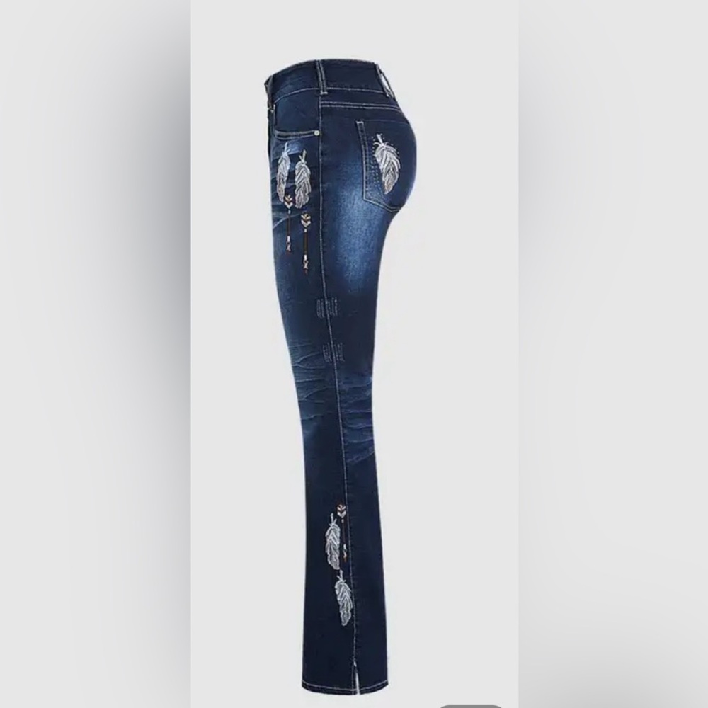 Flamingals Feather Embroidery Split Hem Mid Waist Bootcut Jeans Size Large NWT - Picture 7 of 14